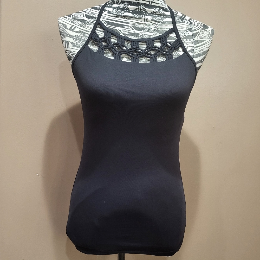 *3/$30 Sale* Liakada Black Macrame Racerback Tank Top Built in Shelf Bra sz M